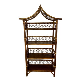 1950s Walnut & Rattan Pagoda Bookshelf With Scroll Work For Sale