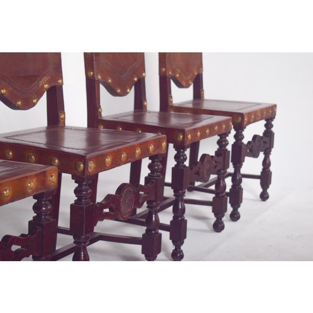 Antique Dining Chairs with Leather Seats and Backs, 1890s, Set of 5 For Sale - Image 11 of 15