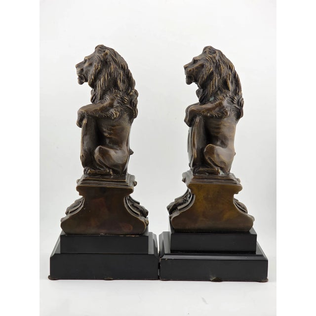 Metal Rare Antique Pair of Victorian-Era Bronze Lion Rampart Bookends on Pedestal. For Sale - Image 7 of 16