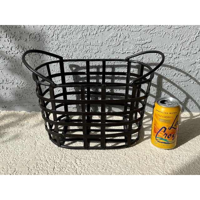 1990s Dark Brown Wrought Iron Woven Metal Magazine Rack Basket For Sale - Image 4 of 9