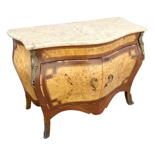 French Style Wood Inlaid Marble Top Bombe Sideboard For Sale