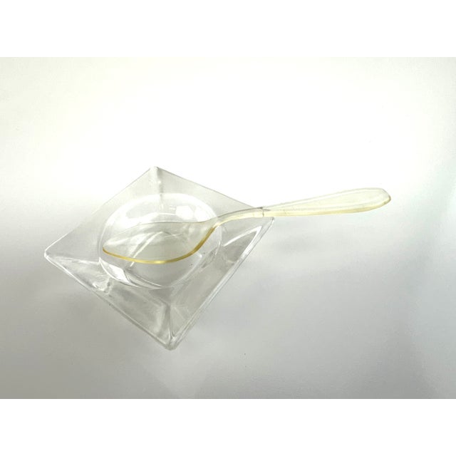 White Mid-Century Glass Caviar & Salt Cellar Set With Lucite Gilt Spoons – Set of 8 For Sale - Image 8 of 8