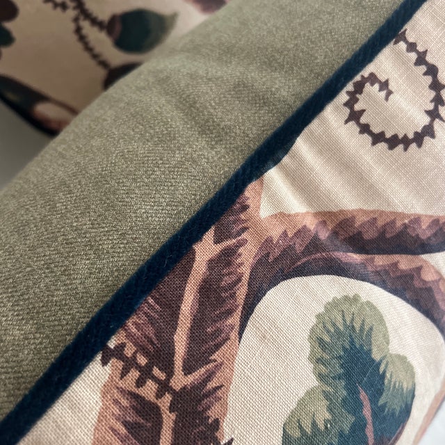 Textile Custom Designed 22” Claremont Tree of Life Linen Pillows With Mohair Velvet Welt Down Inserts - A Pair For Sale - Image 7 of 8