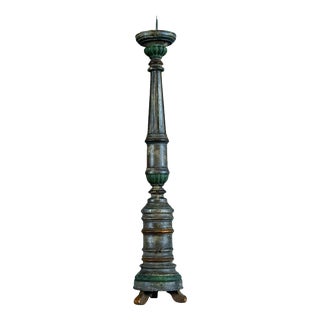 Antique Turned Wood Pricket Candleholder with Polychrome Finish For Sale