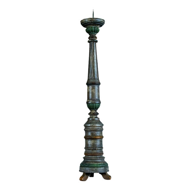 Antique Turned Wood Pricket Candleholder with Polychrome Finish For Sale