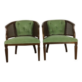 Pair of Green Tufted Club Chairs With Caning For Sale