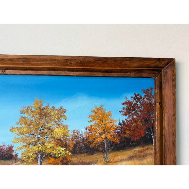 Wood 1970’s B. J. Bailey Autumn Country Path Landscape Oil on Canvas Painting, Rustic Wood Framed For Sale - Image 7 of 12
