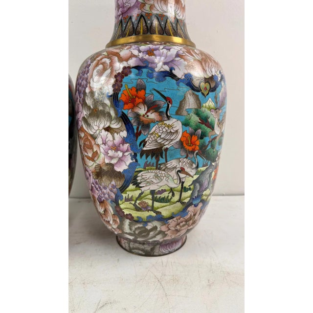 Metal Pair of Large Chinese Cloisonne Enamel Vases Deer Animals Flowers Pink For Sale - Image 7 of 9