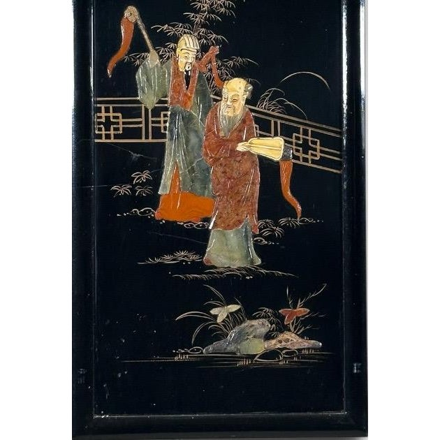 Vintage Chinese Black Lacquer and Inlaid Soapstone Wall Panels Set of Four For Sale - Image 10 of 16