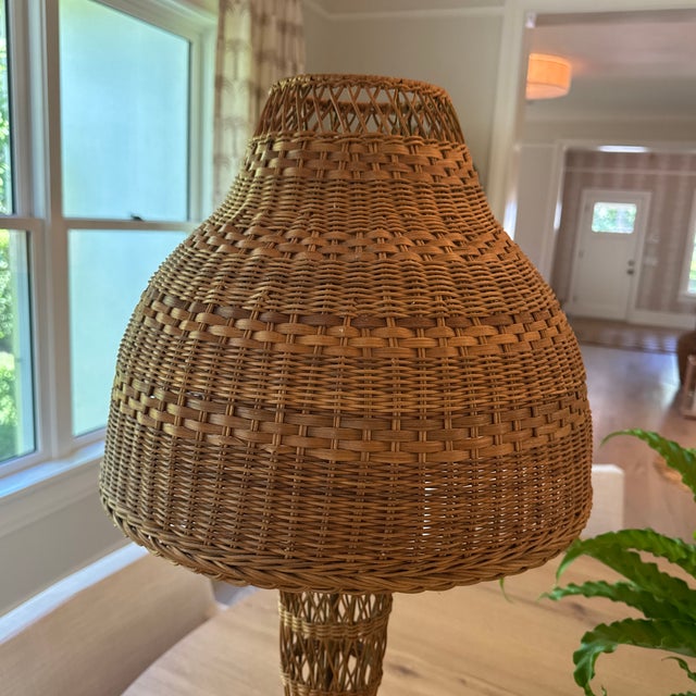Mid-Century Modern Monumental Vintage Wicker Table Lamp With Matching Dome Shaped Shade For Sale - Image 3 of 11
