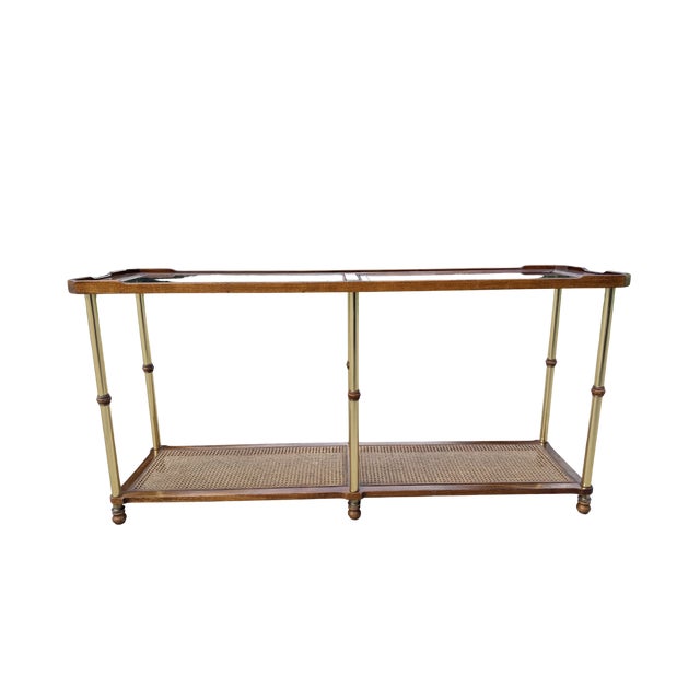 Drexel Vintage Hollywood Regency Faux Bamboo Brass Console Table With Cane Shelf & Double Glass Top | Chinoiserie Campaign Entry Table For Sale - Image 4 of 12