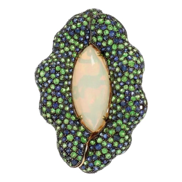 Estate 16.69ct Opal Sapphire 18k Yellow Gold Long Floral Ring For Sale