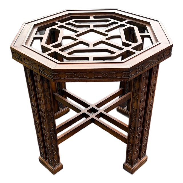 Vintage Octagonal Fretwork Wood Dining Table For Sale