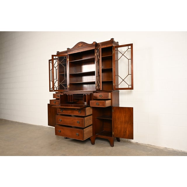 Baker Furniture Style Federal Carved Mahogany Breakfront Bookcase Cabinet With Secretary Desk, Circa 1940s For Sale In South Bend - Image 6 of 16