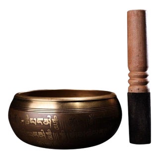 Vintage Tibetan Singing Bowl With Wooden Mallet & Script For Sale