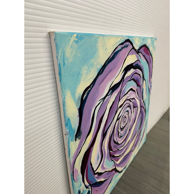 P. Black Signed Pop Art Stylized Teal + Lavender Rose Acrylic Painting For Sale - Image 9 of 12