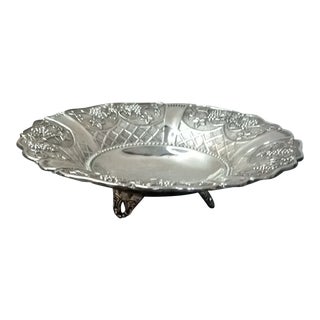 1960s Embossed Silver Tripod Scalloped Bowl For Sale