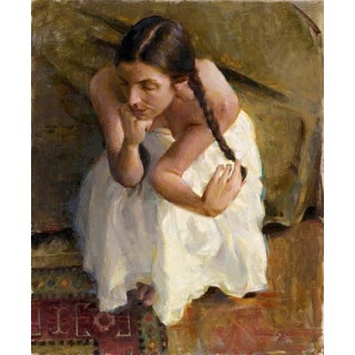 Meghan by Karen Offutt | Oil Painting of a woman in a white dress sitting thoughtfully. For Sale