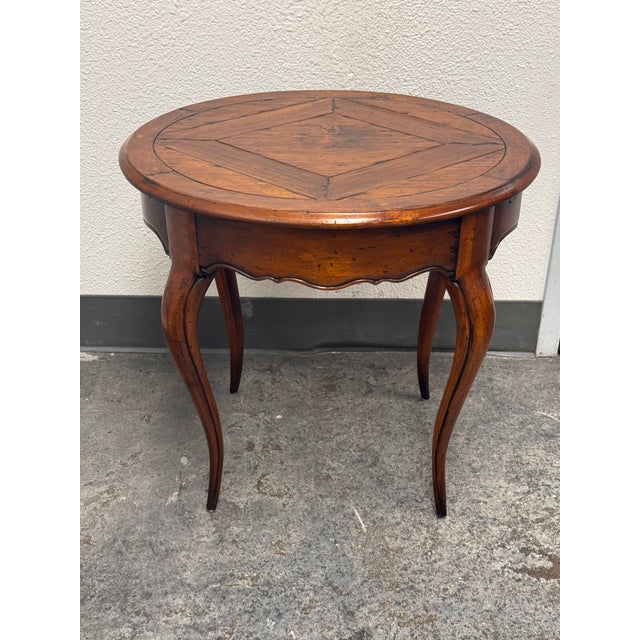 Acquisitions for Henredon Round Parquetry Pull-Out Side Table For Sale - Image 9 of 12