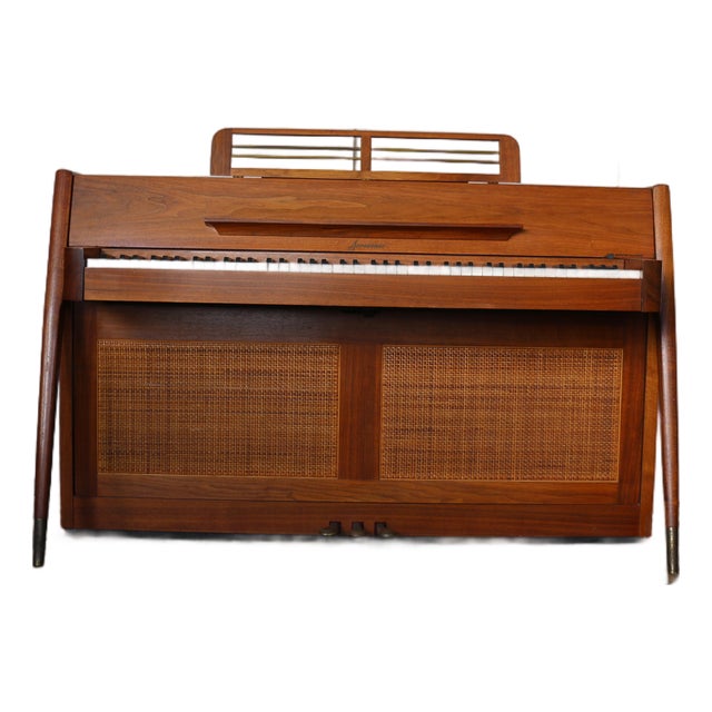 Mid-Century Modern Baldwin Acrosonic Walnut Upright Piano With Cane Panels, Circa 1960s For Sale