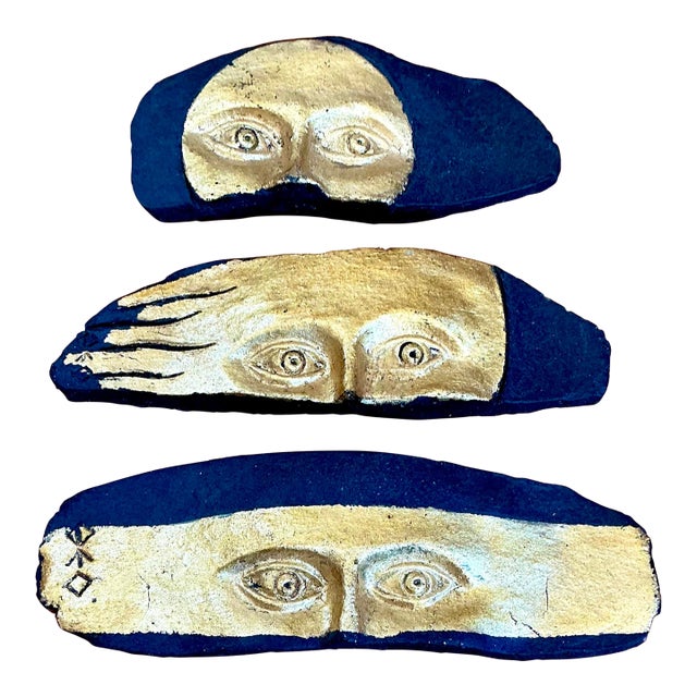 Vintage Gold Leaf Face Pottery Stripes - Set of 3 For Sale