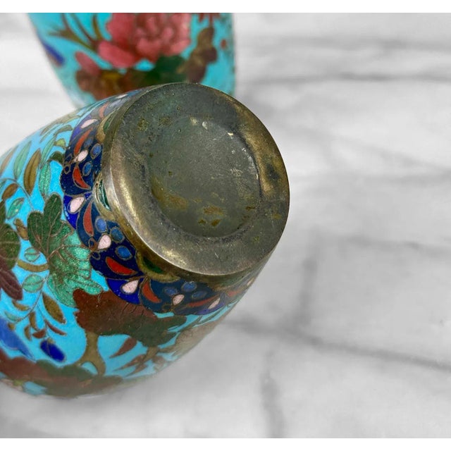 Antique Chinese Cloisonne Turquoise Enamel & Brass Floral Vase - a Pair For Sale - Image 10 of 10