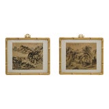Mid 20th Century Framed Pair of Chinese Traditional ShanShui Landscape Paintings on Silk in Bamboo Gold-Toned Frames For Sale