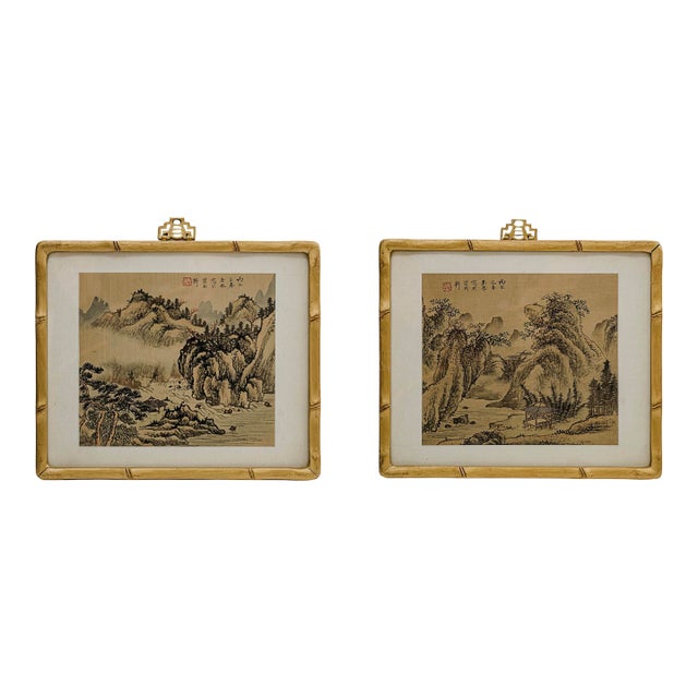 Mid 20th Century Framed Pair of Chinese Traditional ShanShui Landscape Paintings on Silk in Bamboo Gold-Toned Frames For Sale