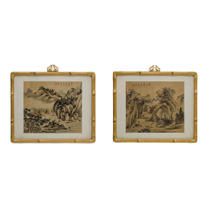 Mid 20th Century Framed Pair of Chinese Traditional ShanShui Landscape Paintings on Silk in Bamboo Gold-Toned Frames