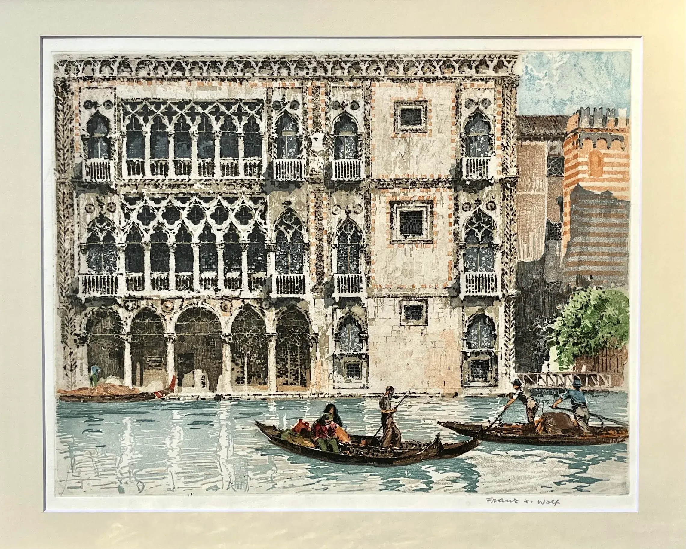 Vintage Color Etching Venice Italy Gondolas by Franz Xavier Wolf