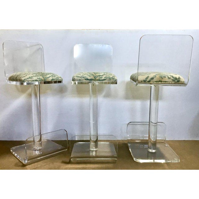Hollywood Regency Set of Three Vintage Lucite Bar Stools, Newly Upholstered Seat For Sale - Image 3 of 13