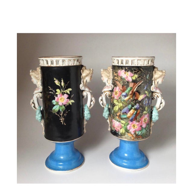 French Beautiful Large 16 Inch Pair Antique French Porcelain Urns or Vases Eclectic Victoria Aesthetic Movement Naturalism Maidenhead Handles For Sale - Image 3 of 11