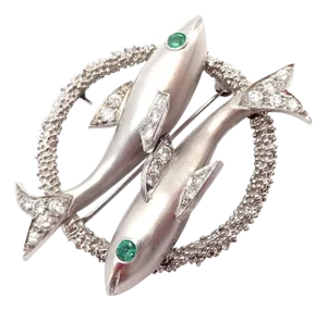 Late 20th Century Cartier White Gold Platinum Diamond Emerald Zodiac Pisces Fish Brooch Pin/Pendant
