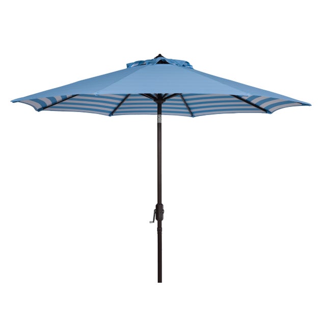 Inside Out Stripe 9 Ft Crank Outdoor Auto Tilt Umbrella in Blue & White For Sale - Image 4 of 4