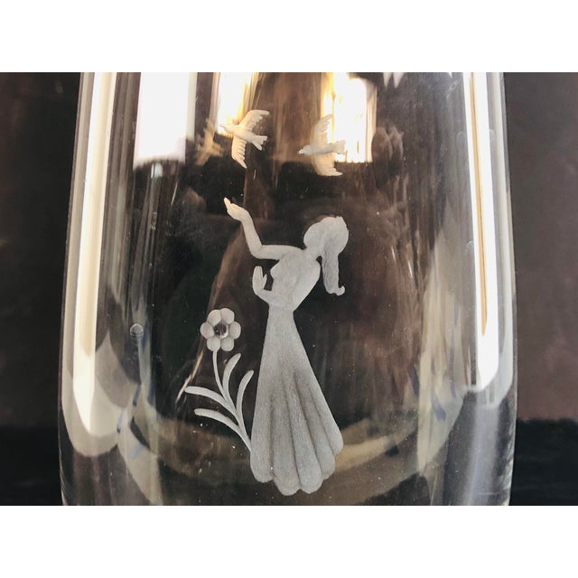 1960s Glass vase by Orrefors with Girl with Birds etched scene. Handblown and marked underneath.