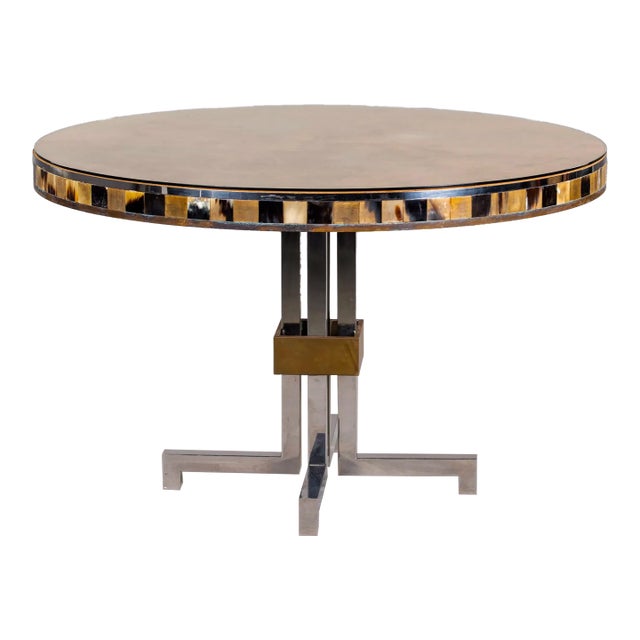Unusual French Mid Century Suede-Topped Table With Chrome Base & Mosaic Sides For Sale