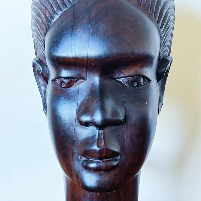 Brown Early 20th Century Large Hand-Carved Bust of African Woman in Wood For Sale - Image 8 of 10