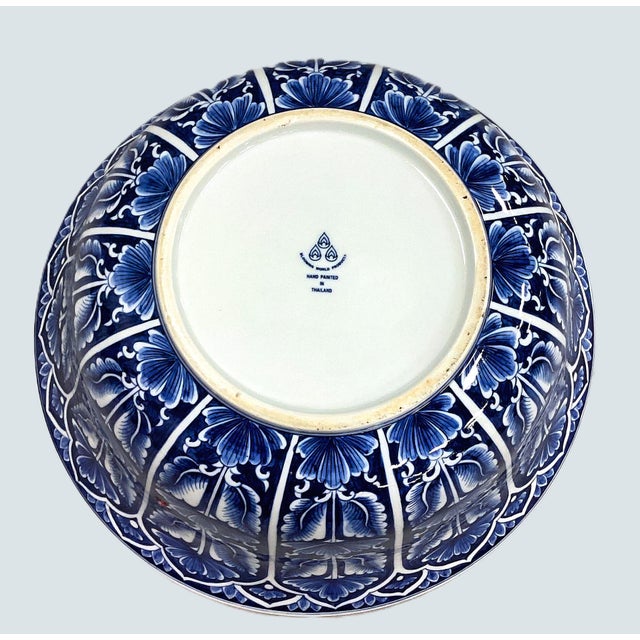 Large Hand-Painted Thai Ceramic Bowl – Blue & White Floral, 15" This striking hand-painted porcelain bowl from Thailand...