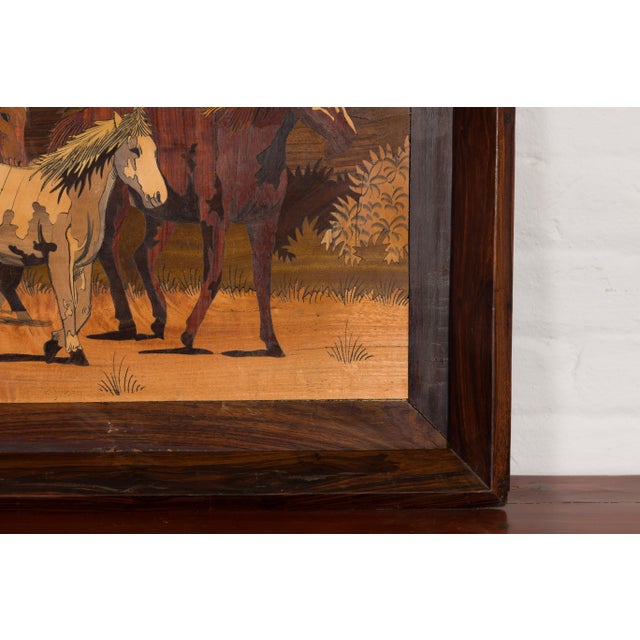 Vintage Inlaid Wood Framed Painting Depicting Four Horses in a Landscape For Sale - Image 10 of 12