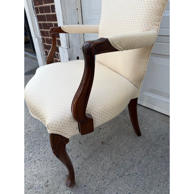 Mid 20th Century Pair of Vintage French Provincial Upholstered Armchairs With Cabriole Legs and Carved Details For Sale - Image 5 of 12