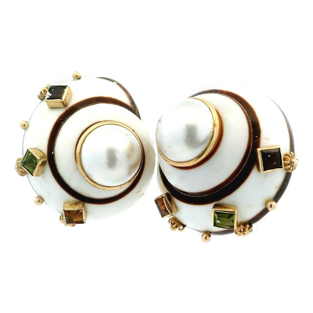 Vintage Maz 14k Gold Conch Shell Mabe Pearl Gemstone Clip Earrings, Pair For Sale