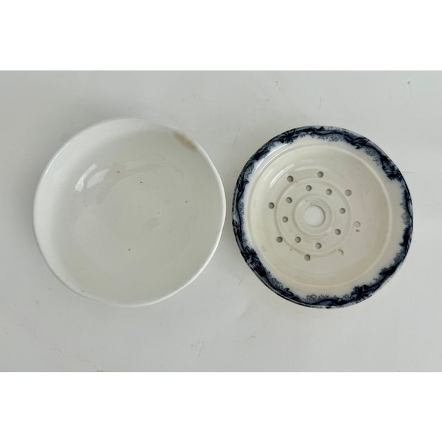 1900 - 1909 Antique 1900s Belgian Faience De Nimy Flow Blue Bowl W/ Strainer For Sale - Image 5 of 8