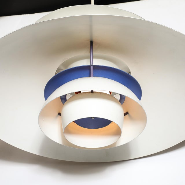 Mid-Century Ph5 Pendant White & Blue Enamel Chandelier by Poul Henningsen For Sale In New York - Image 6 of 12