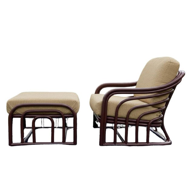 Wood 1960s Brown Jordan Designer Mid Century Bent Rattan Two Chairs and One Ottoman For Sale - Image 7 of 8