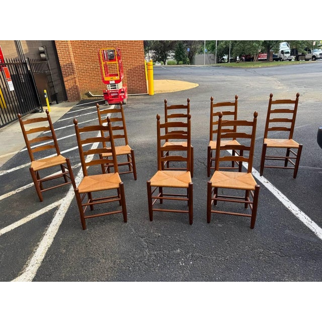 20th Century Clore Furniture Set of 10 Shaker Style Walnut Rush Seat Ladder Back Dining Chairs For Sale In Washington DC - Image 6 of 18