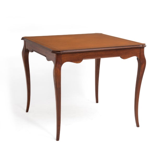 French Louis XV Provincial Style Embossed Leather Top Cabriole Legs Card Games Table For Sale - Image 4 of 15