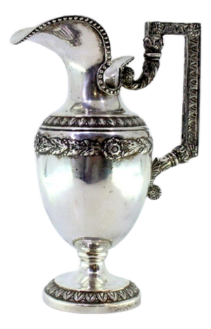 Silver Water Jug with Raised Floral Motifs and Friezes Edge