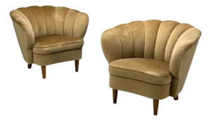 Finnish Modern, Lounge Chairs, Beige Velvet, Wood, Finland, 1950s