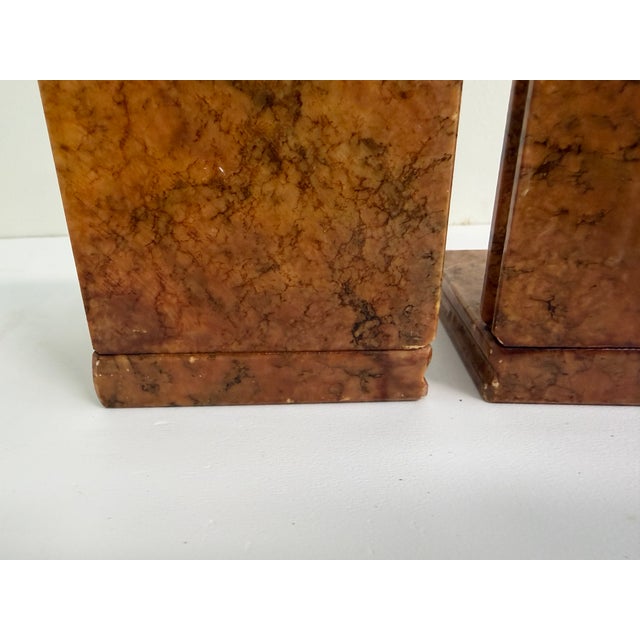 Stone Vintage Italian Alabaster Bookends – Art Deco Style Brown Veined Stone Pair For Sale - Image 7 of 14
