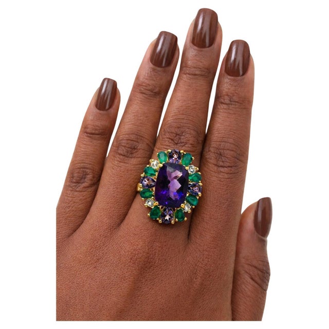 Late 20th Century Bochic “Capri” Vintage Amethyst, Sapphire & Green Onyx — 18K Gold & Silver For Sale - Image 5 of 12